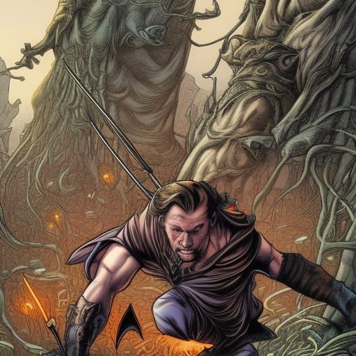Robinhood Confronts Thieves in Forest, Comic Book Art