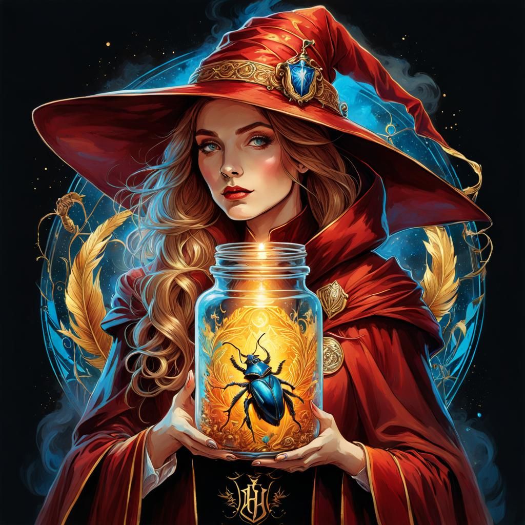 Gryffindor Witch with Glowing Beetle, Digital Art