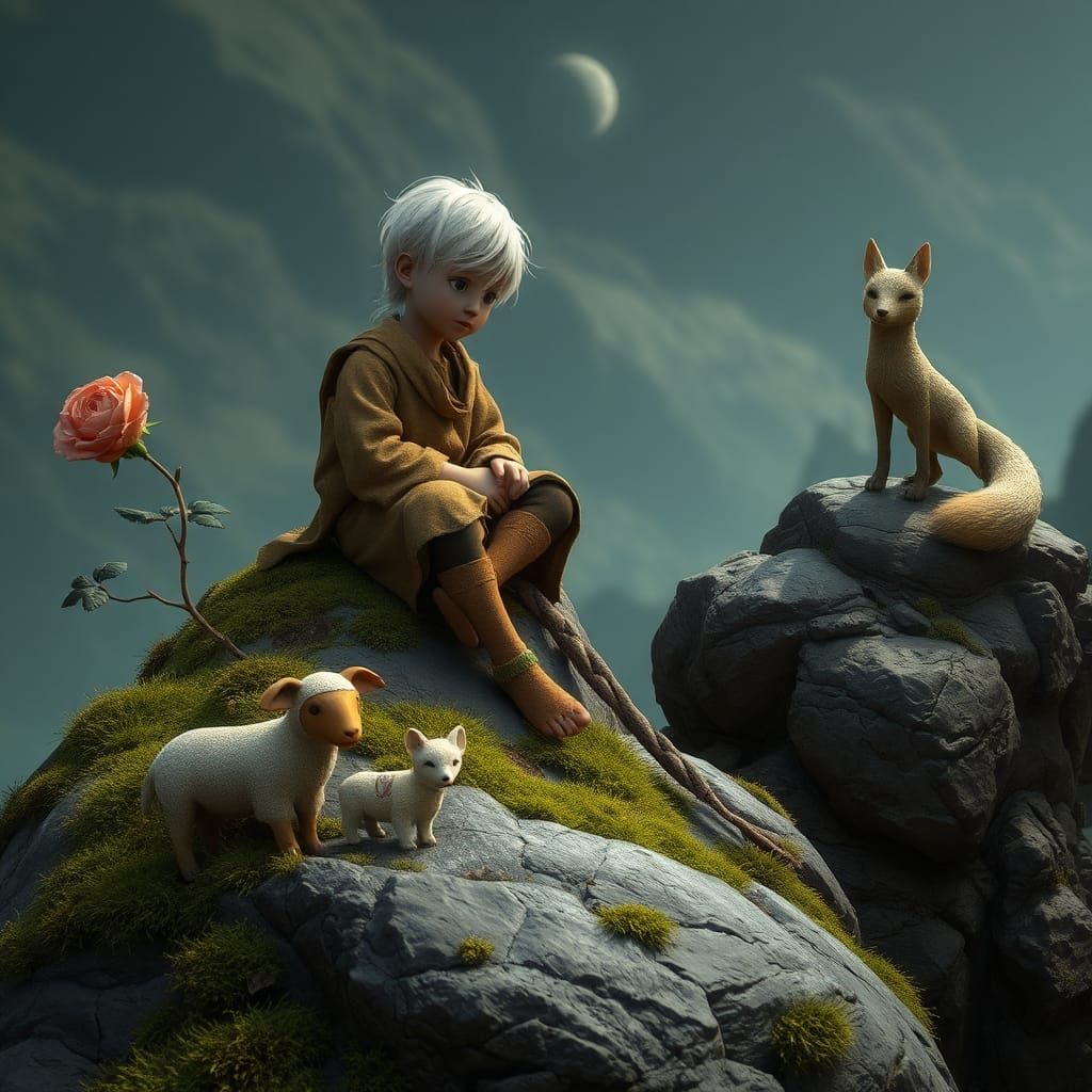 Contemplative Boy on Alien Planet in Matte Painting Style