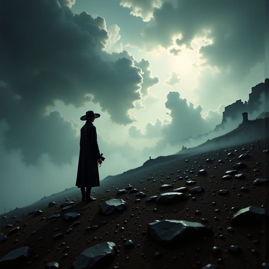 Photographer Silhouetted Against Stormy Sky in Cinematic Sty...