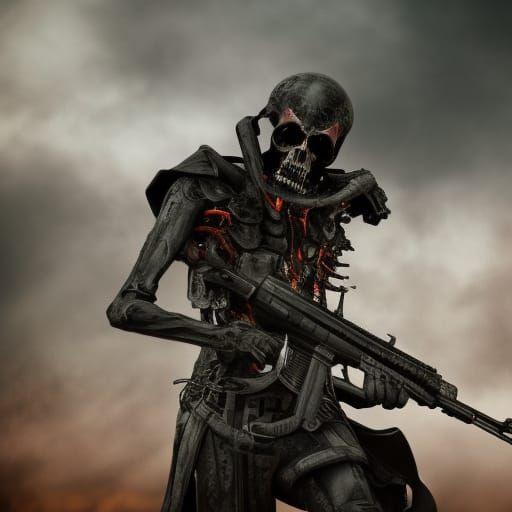 Death Reaper with Gun in Apocalyptic War Zone