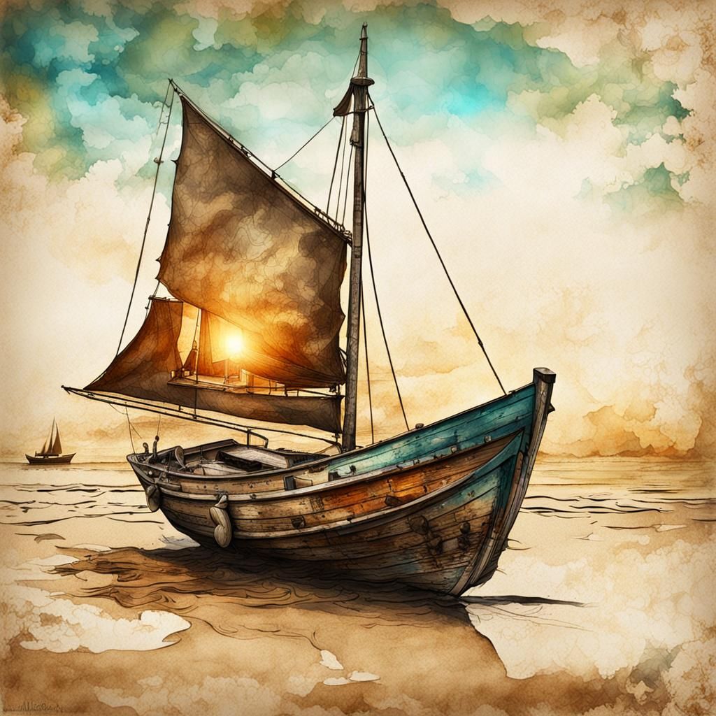 Steampunk Sailboat on Beach in Ink Painting Style