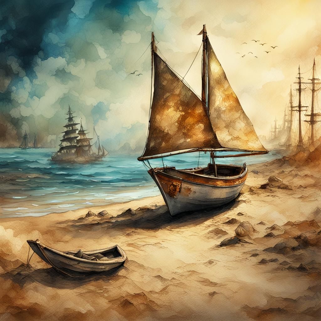 Steampunk Sailboat on Sandy Beach in Ink Painting Style