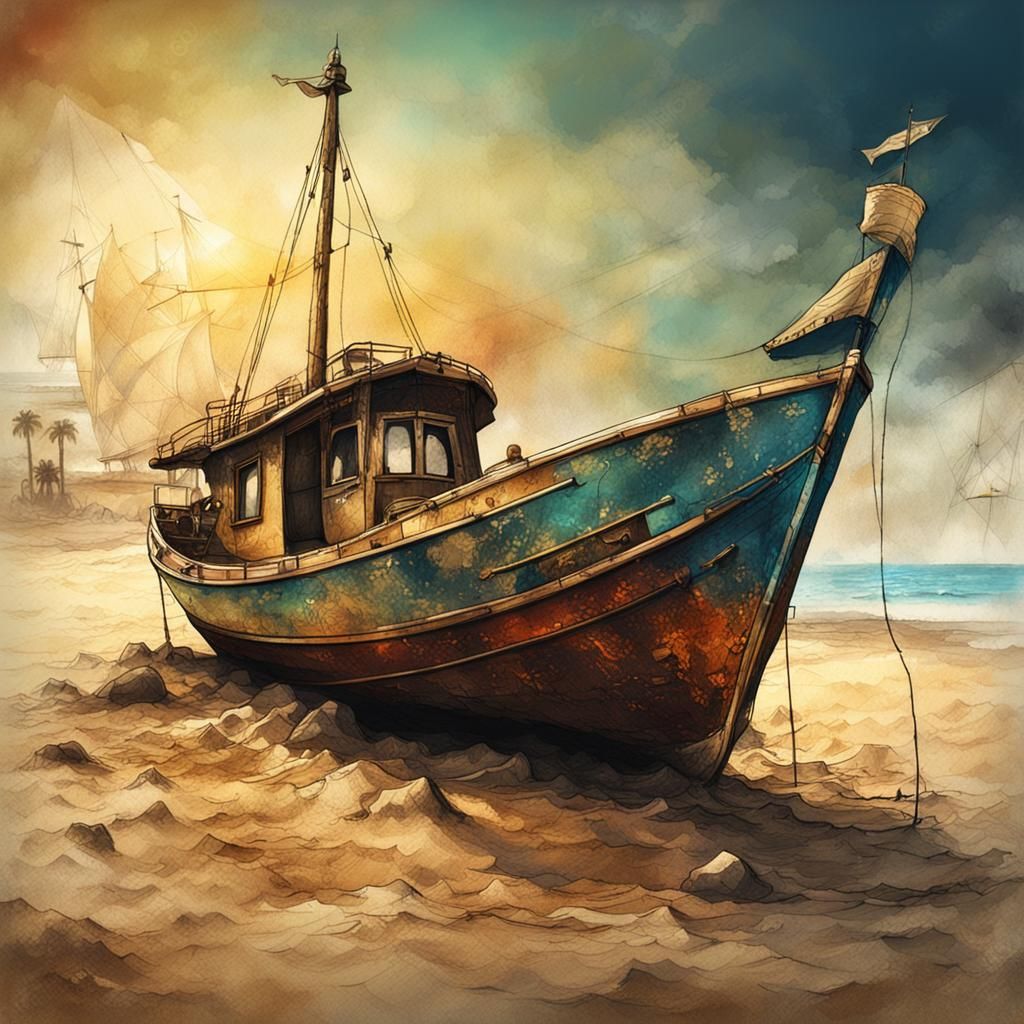 Steampunk Sailboat on a Vintage Beach