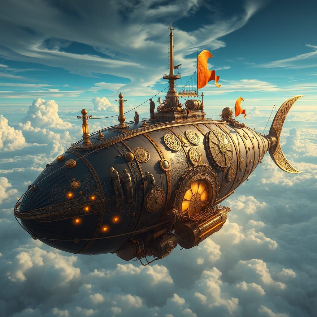 Steampunk Whale Zeppelin Soars Through Swirling Clouds