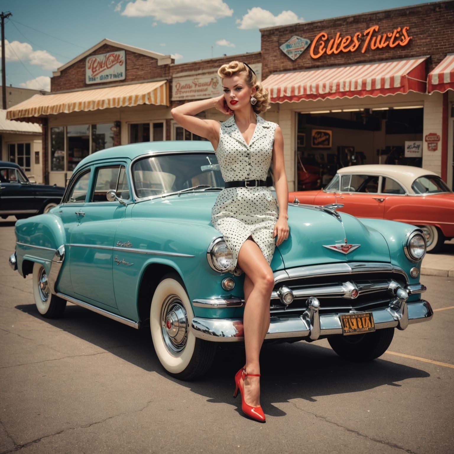 Vintage Ad Style Pin-Up Model with Fifties Car