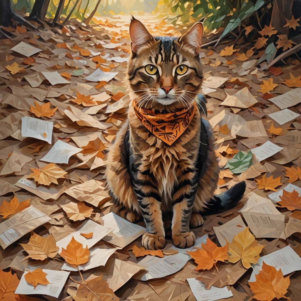 Impressionist Cat in Autumn Leaves Painting