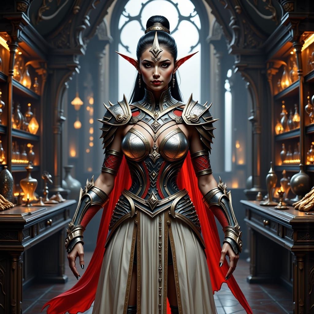Ethereal Elven Merchant in a Dark Fantasy Shop