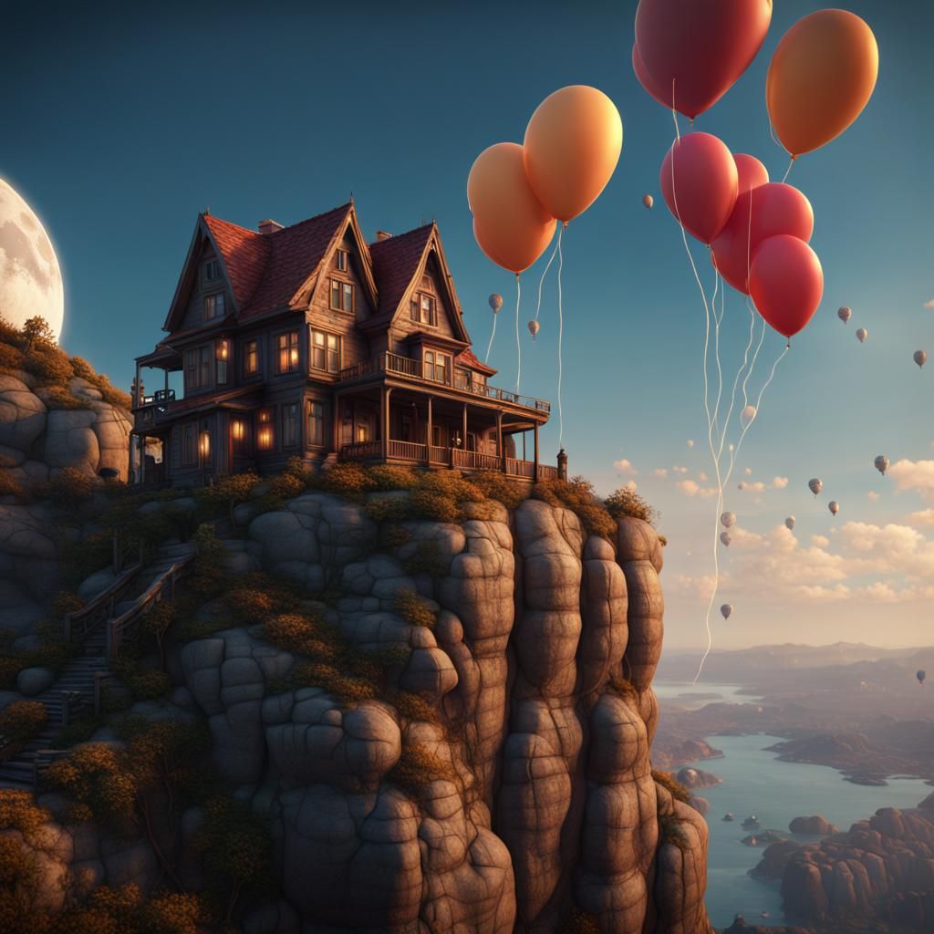 House on Cliff with Balloons and Moon