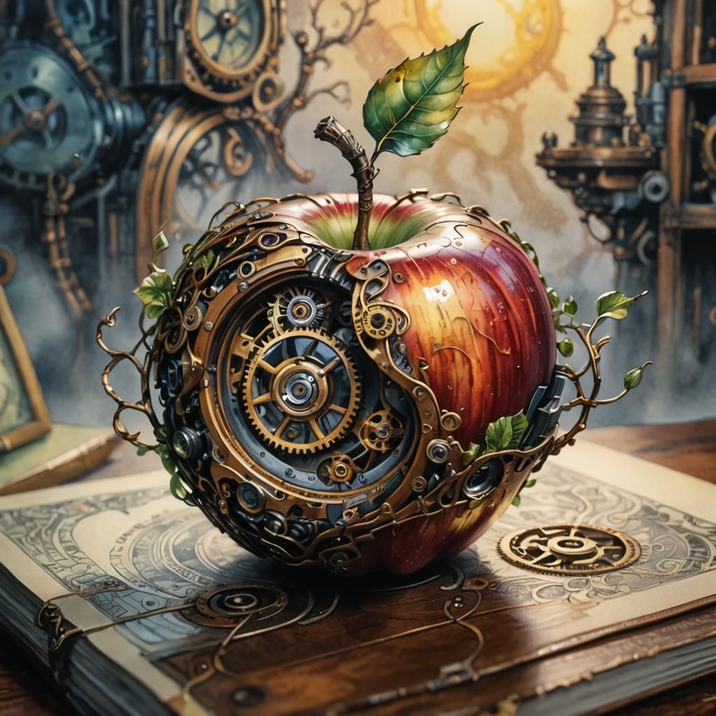 Steampunk Apple with Gears and Books