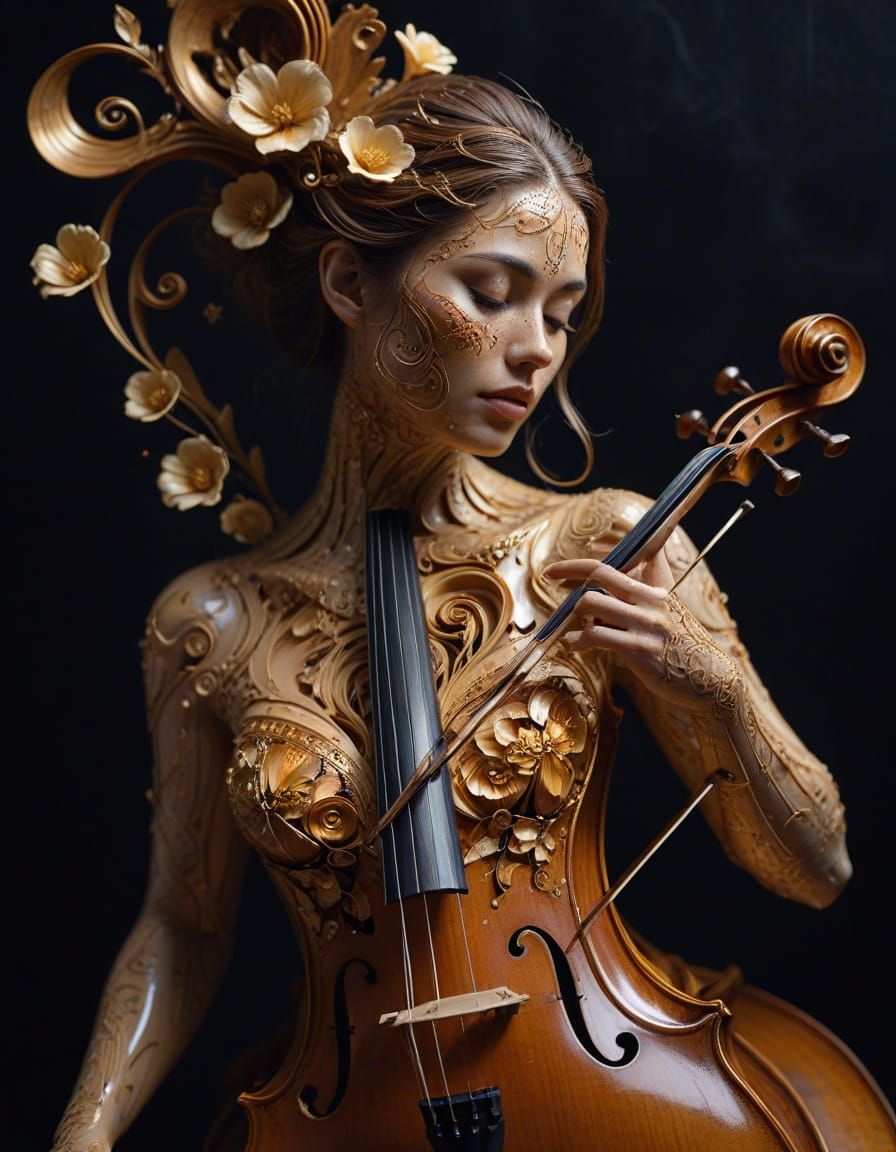 Surreal Woman Emerges from Cello as Dreamlike Vision