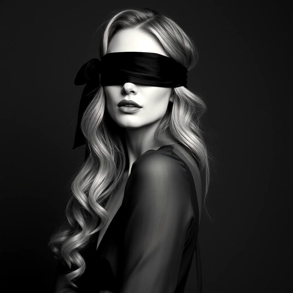 Elegant Blindfolded Woman in Chiffon Dress, Fine Art Black a...