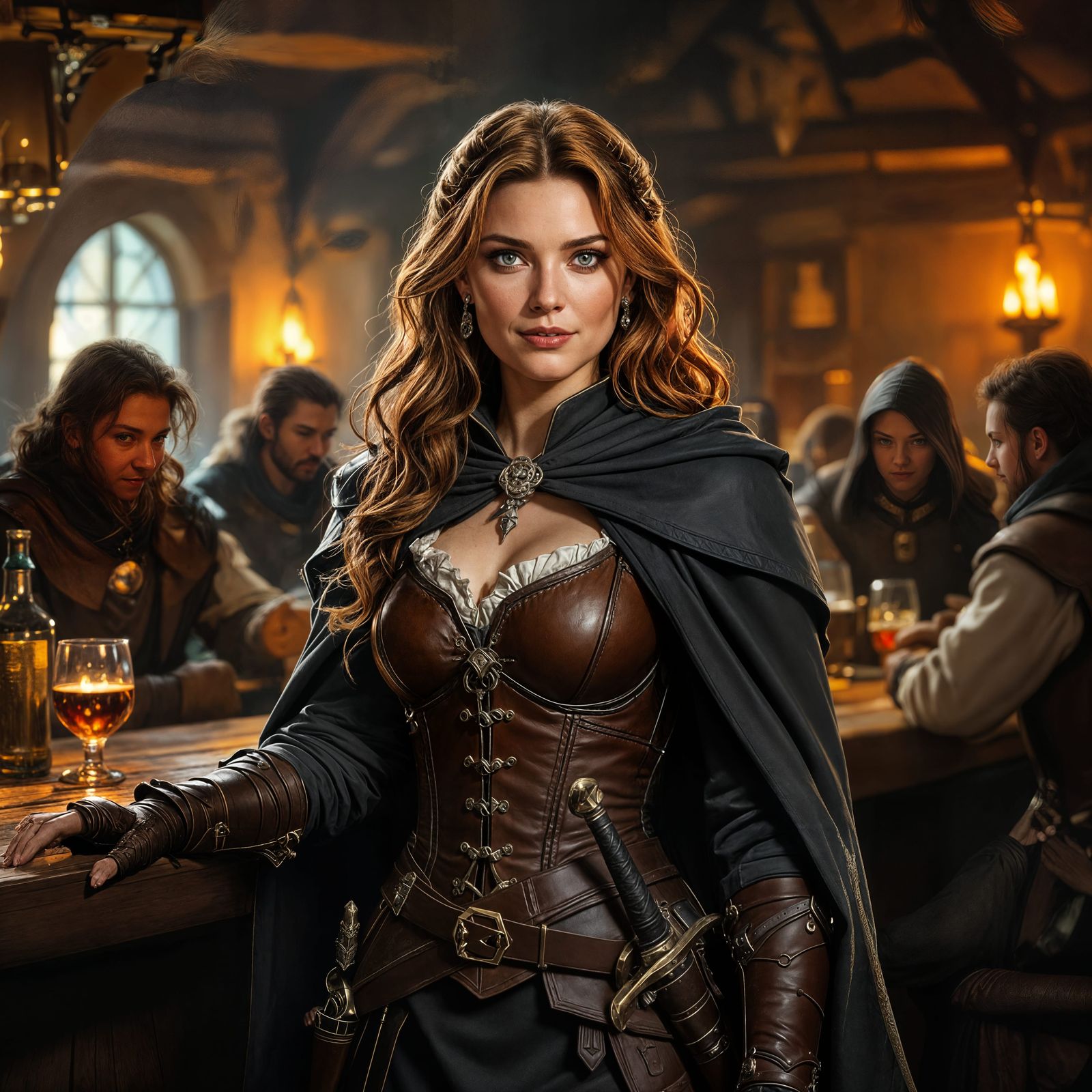 Warrior Woman in Medieval Tavern, D&D Art Style