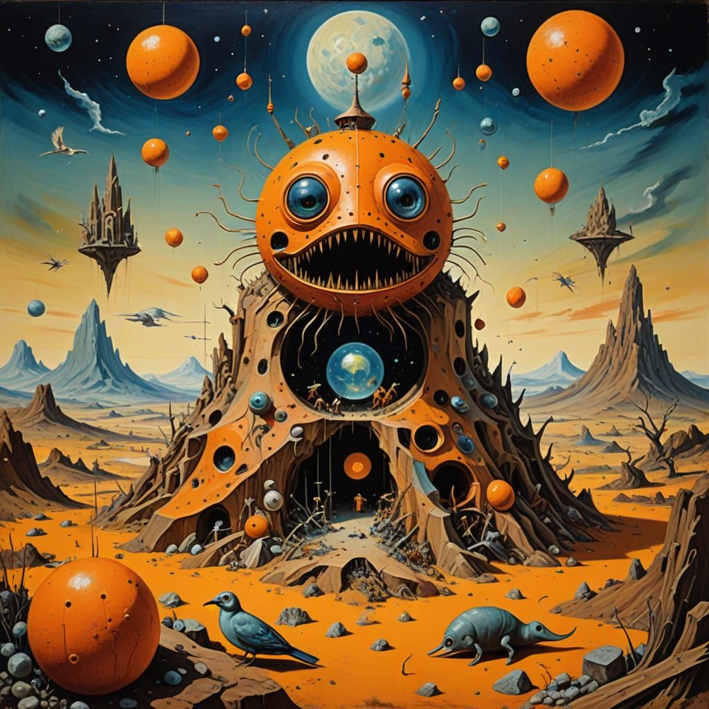 Expressionistic Orange Shapes in Retro Futurism Landscape