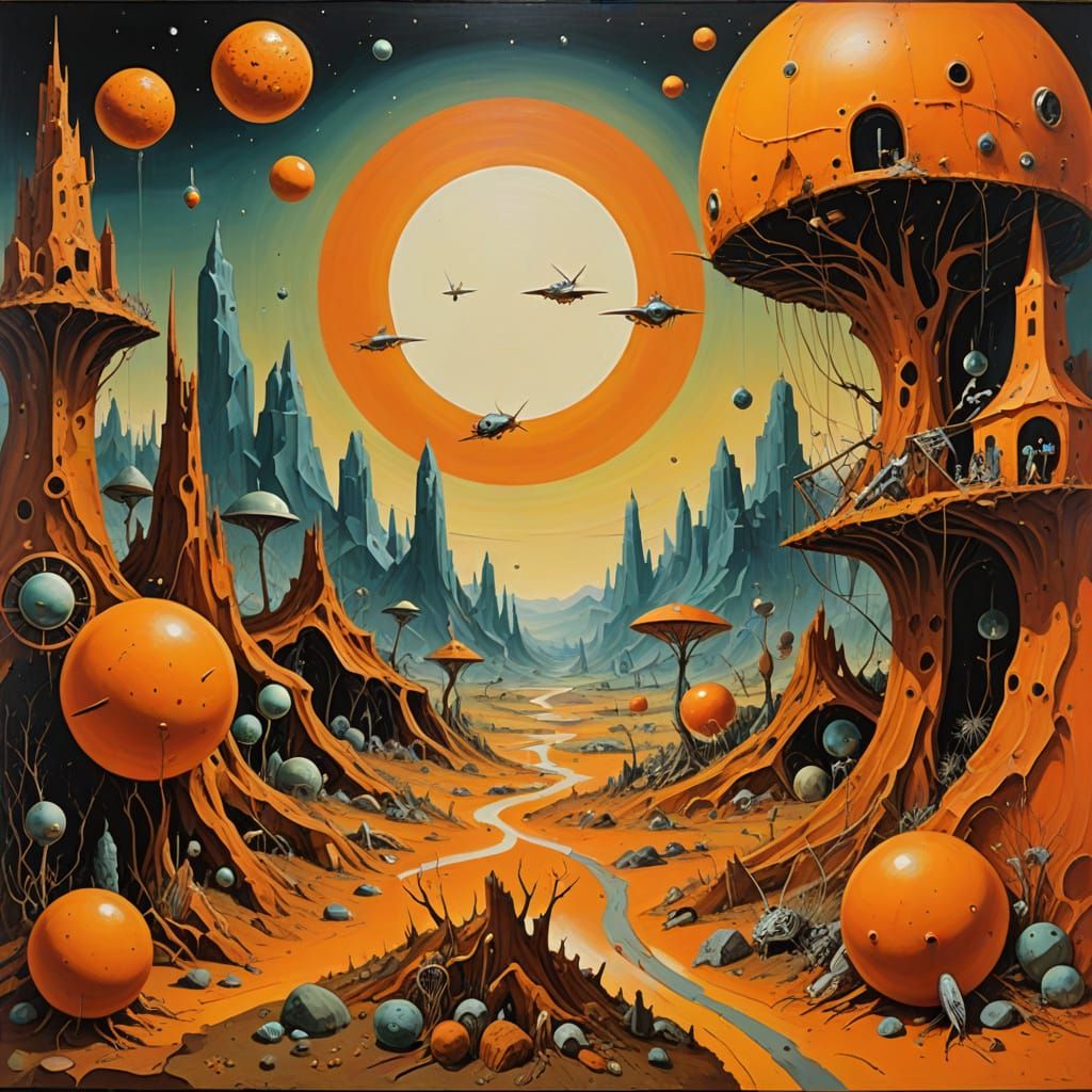 Expressionistic Orange Shapes in Retro-Futuristic Landscape