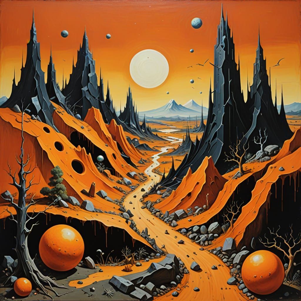 Expressionistic Orange Shapes in Retro Futurism Landscape
