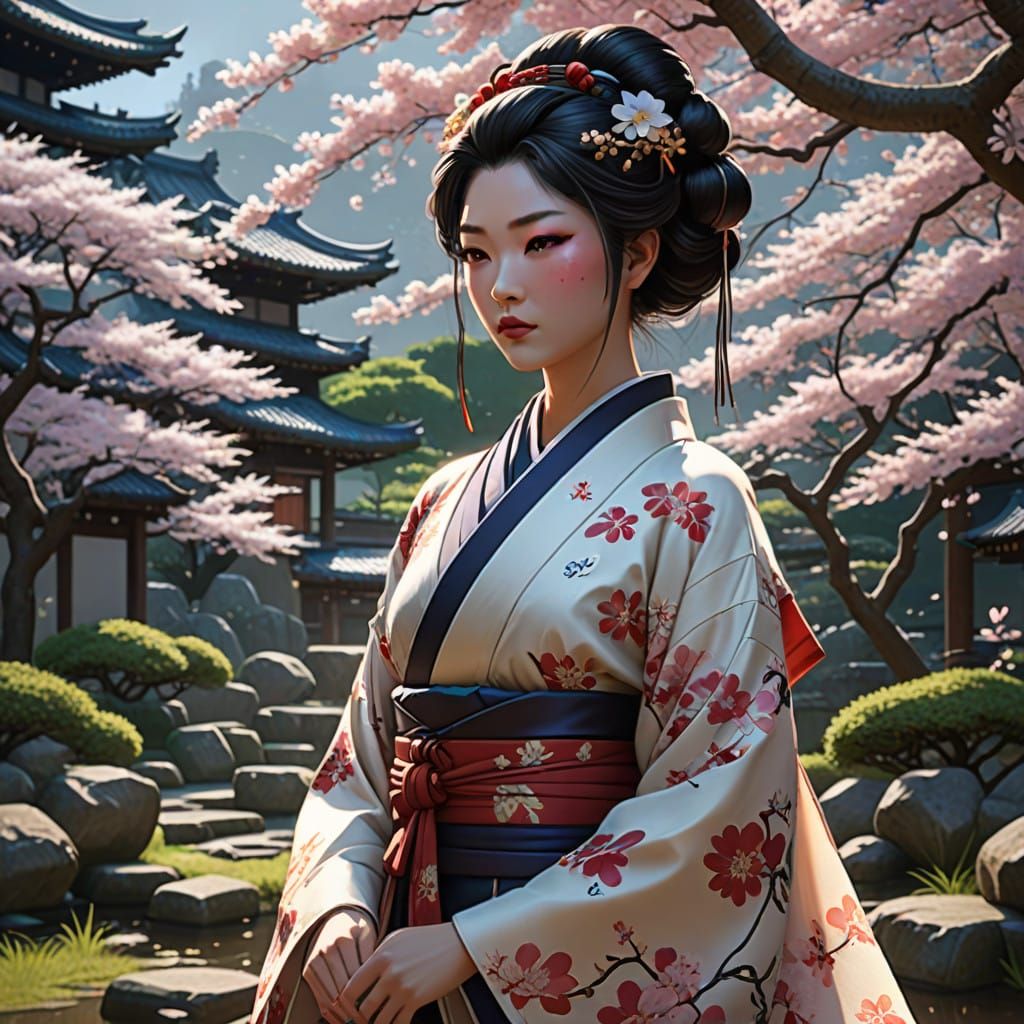 Serene Geisha Girl in Ancient Japan Cherry Blossoms