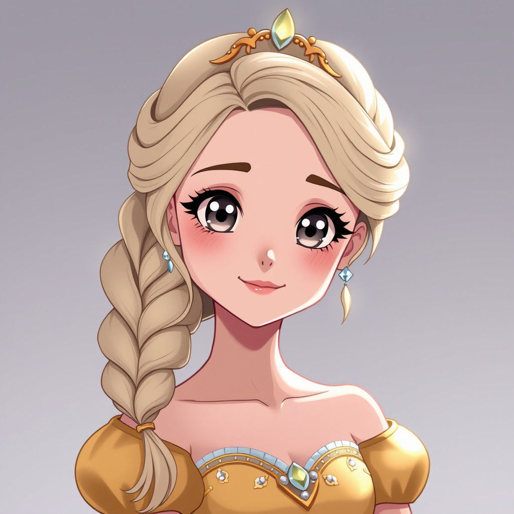 Cute Princess with Golden Gown in Anime Style