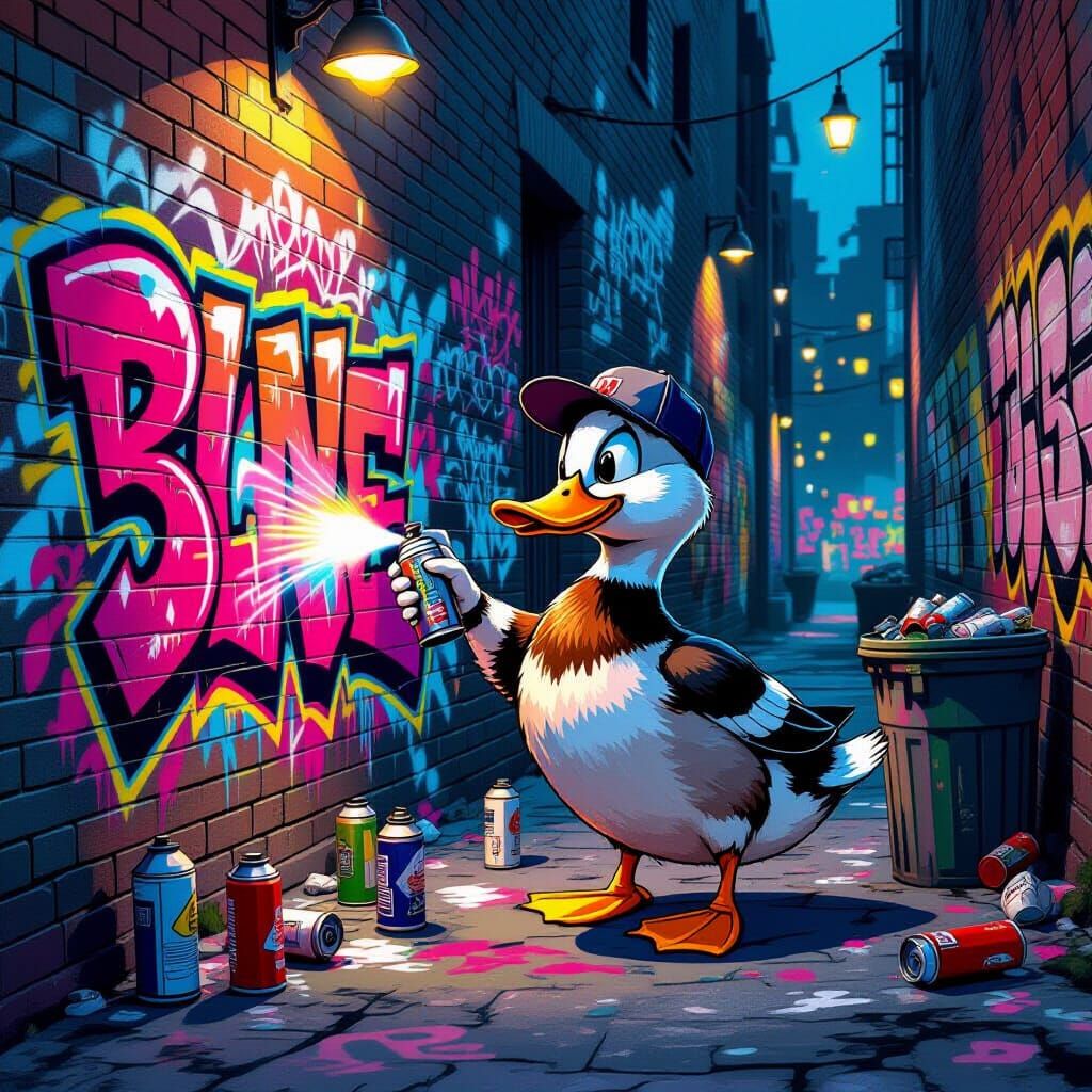 Duck Artist Sprays Vibrant Graffiti on Urban Wall