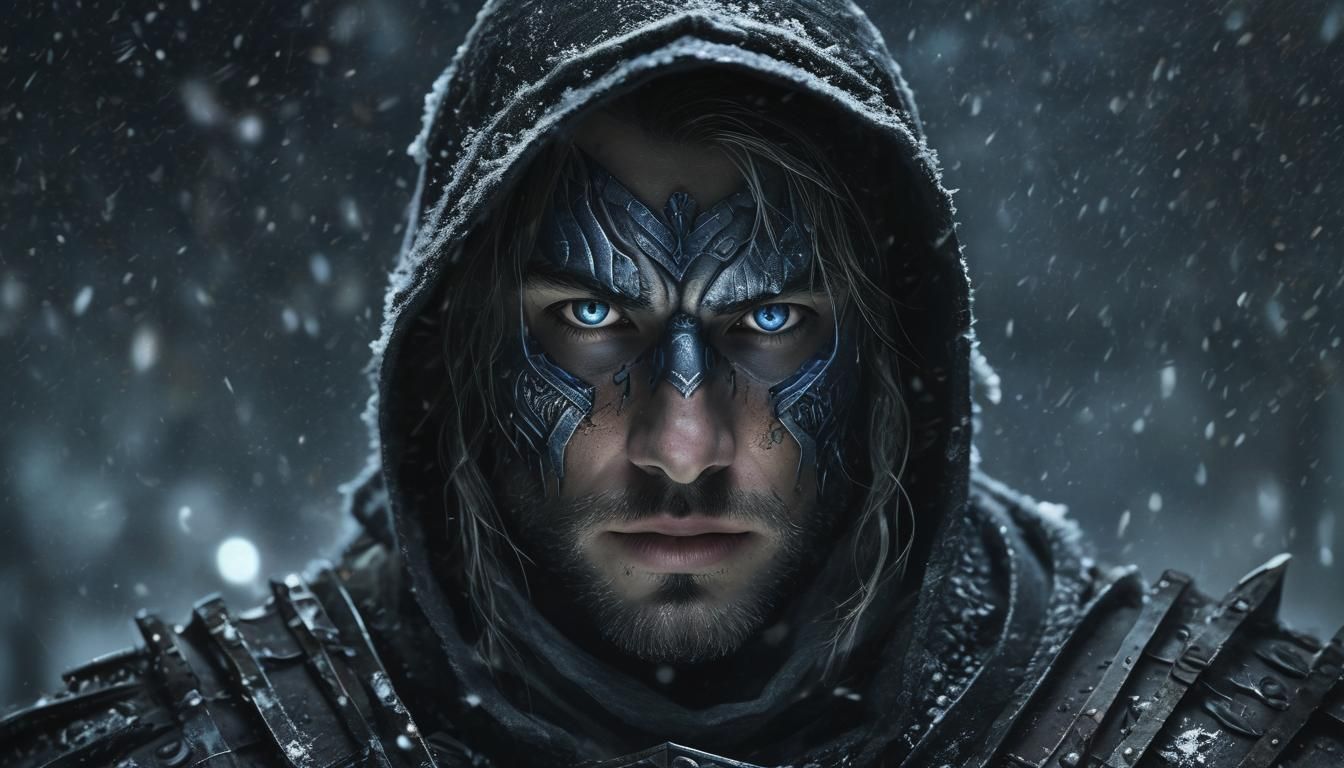 Eerie Warrior Portrait with Glowing Eyes in Dark Fantasy Sty...