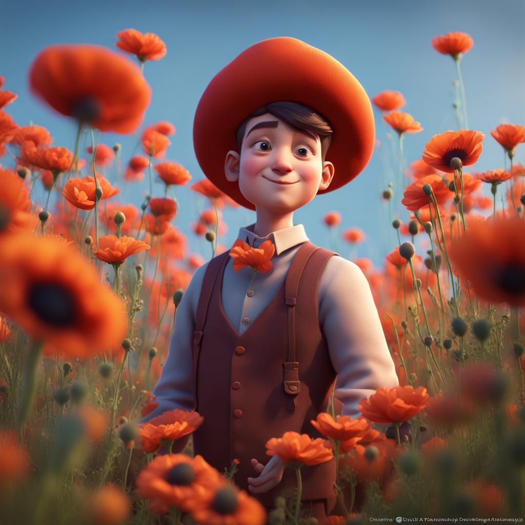 Smiling Girl in Poppy Field: 3D Digital Art