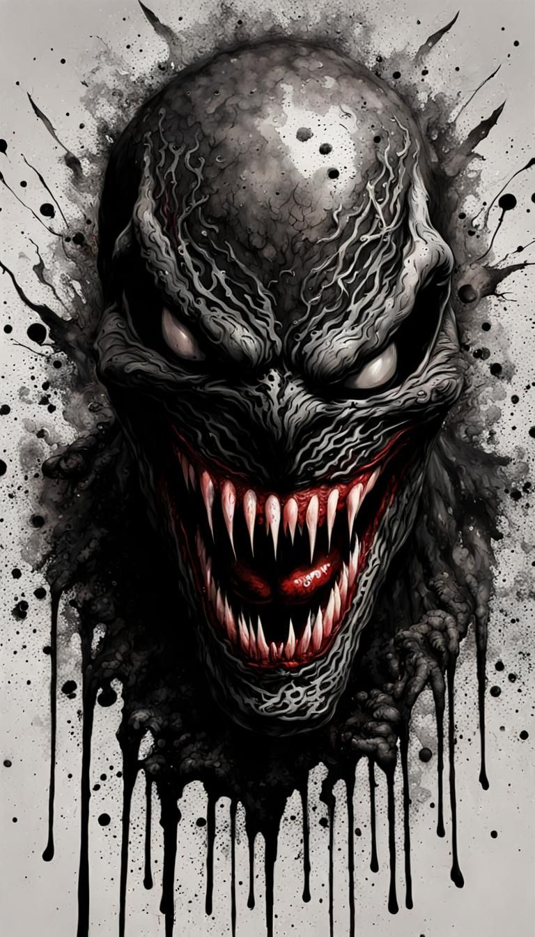 Horror Ink Splatter Venom Face in Dark Fantasy Style