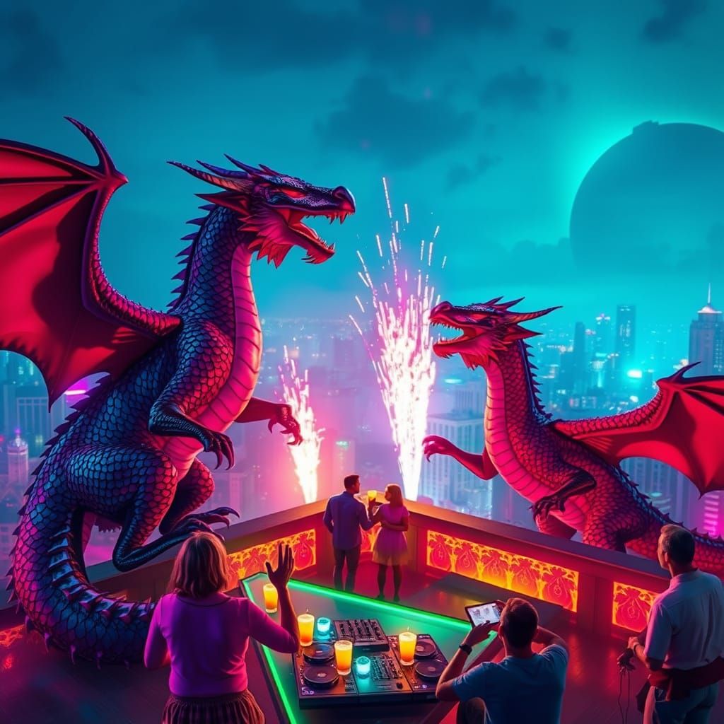 Dragons Celebrate Victory in Neon City Club