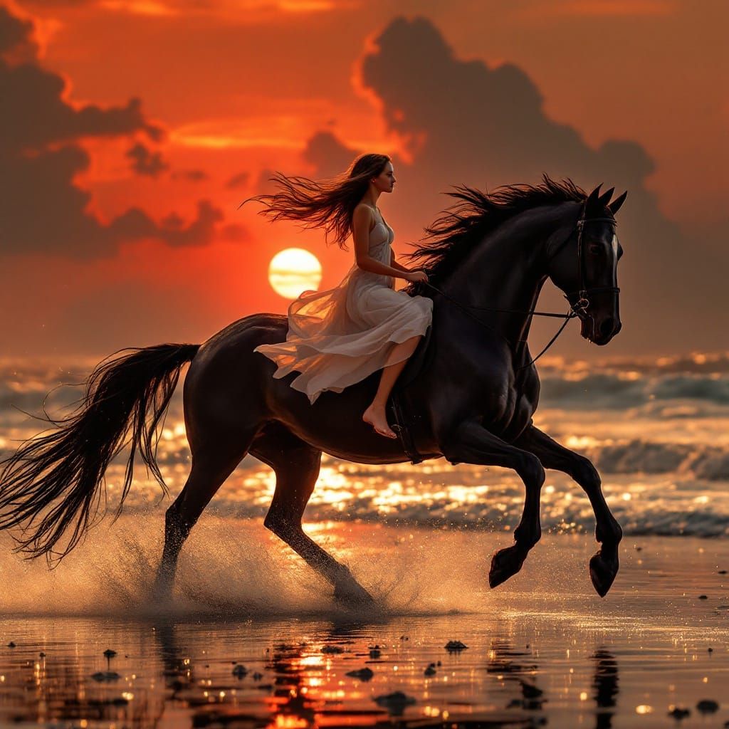 Majestic Black Horse Rides into a Vibrant Sunset