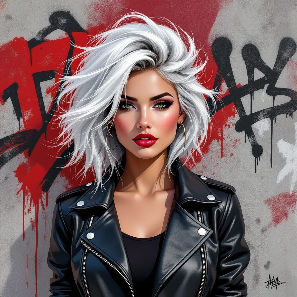 Edgy Woman with White Hair in Urban Graffiti Style