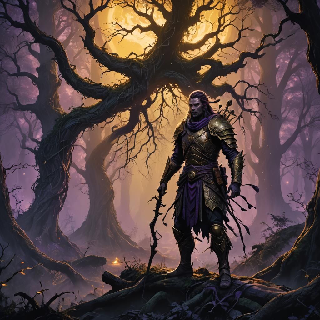 Mystical Forest Warrior in Dark Fantasy Style