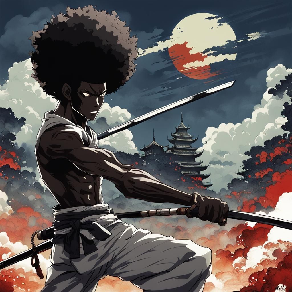 Anime-Style Black Afro Samurai Warrior