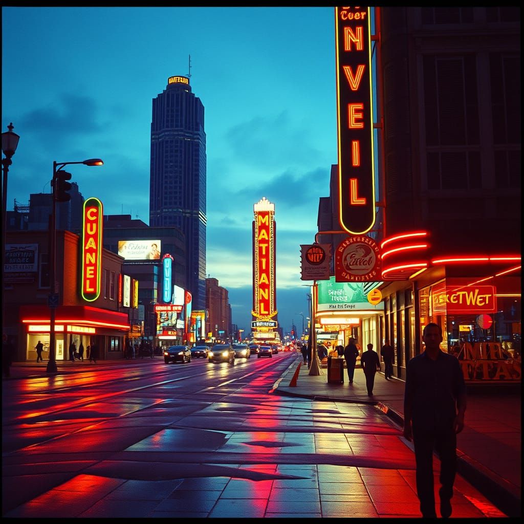 Neon Cityscape at Dusk: Cyberpunk Film Aesthetic