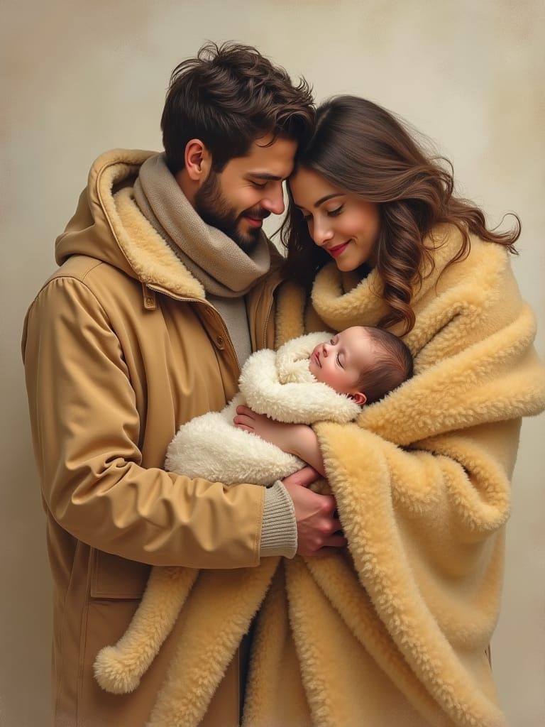 Cozy Couple with Baby in Impressionist Style