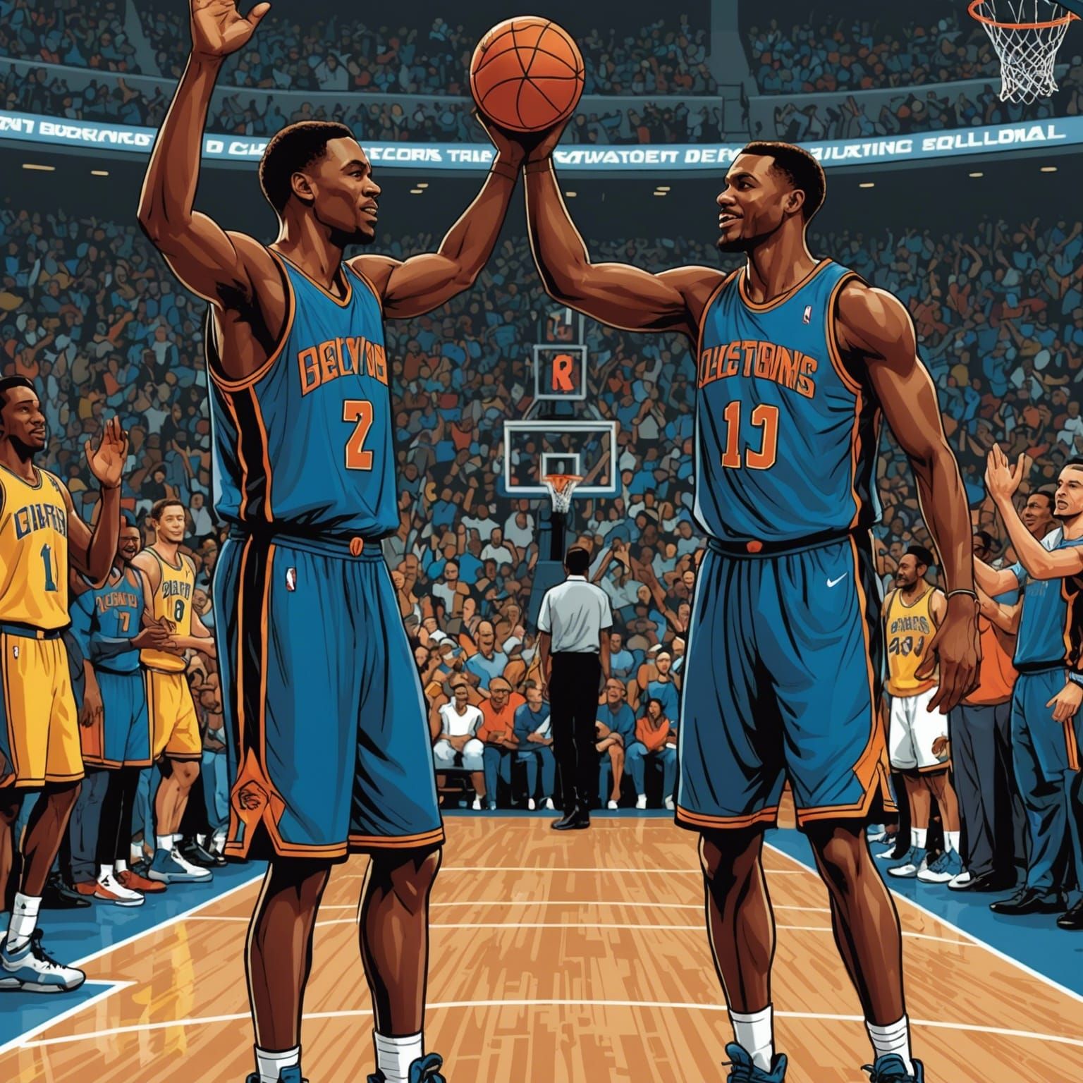 Basketball Players Celebrate Success in Comic Book Art