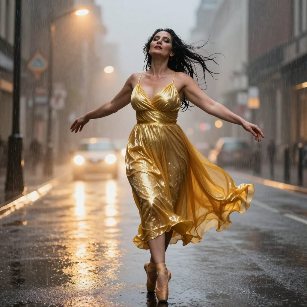 Regal Woman in Golden Gown Dancing in City Rain