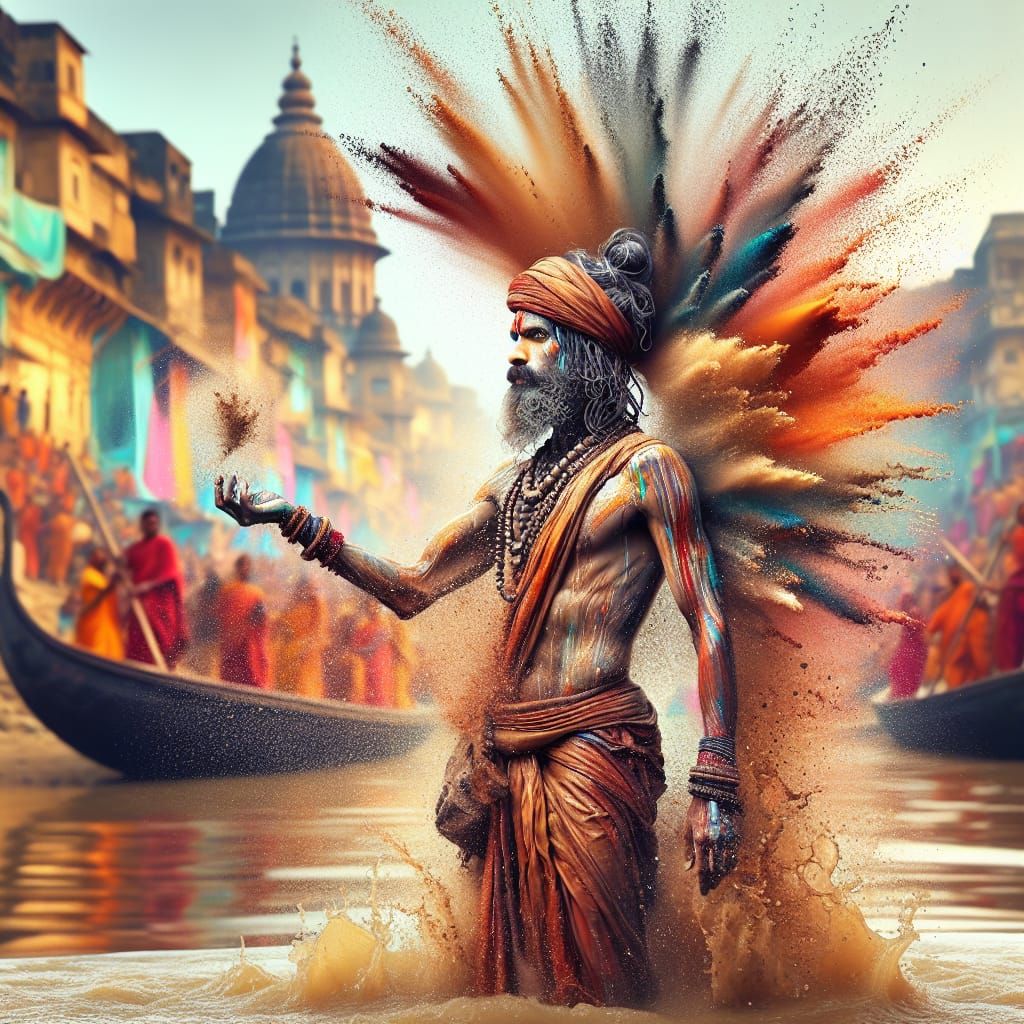 Indian Pilgrim by Ganges in Hyperrealistic Splash Art