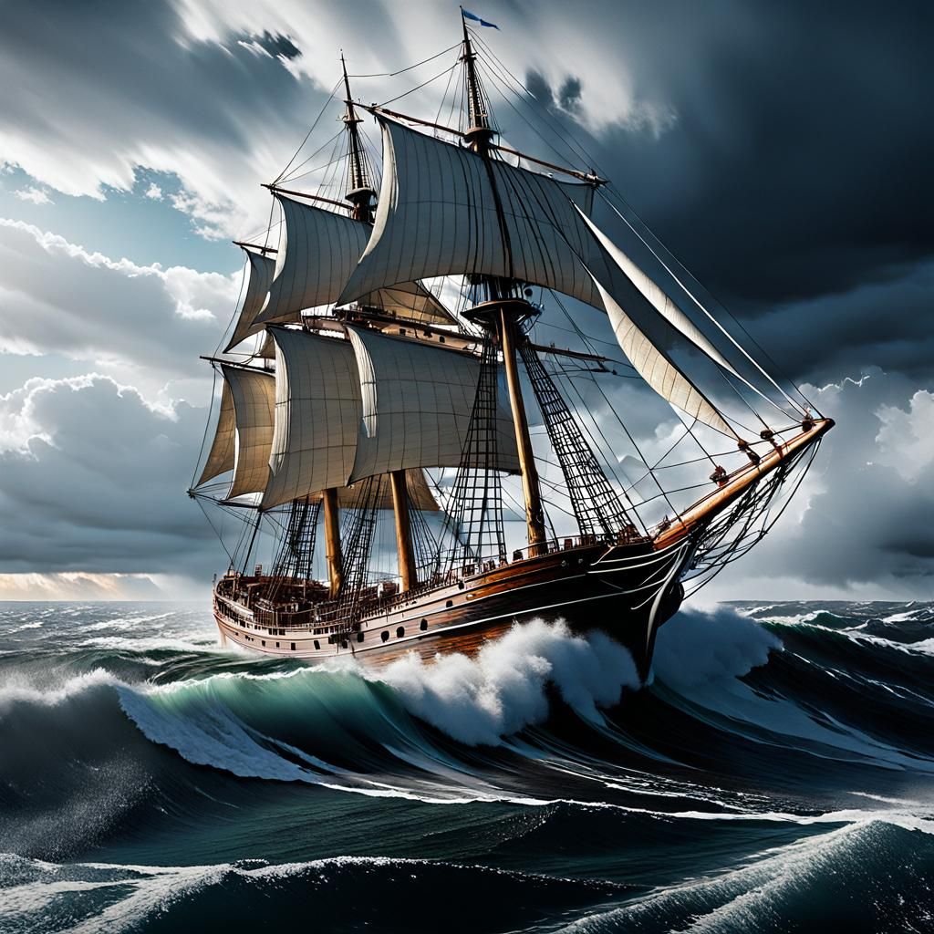 Schooner Sails into Maelstrom: Realistic 8k Photo