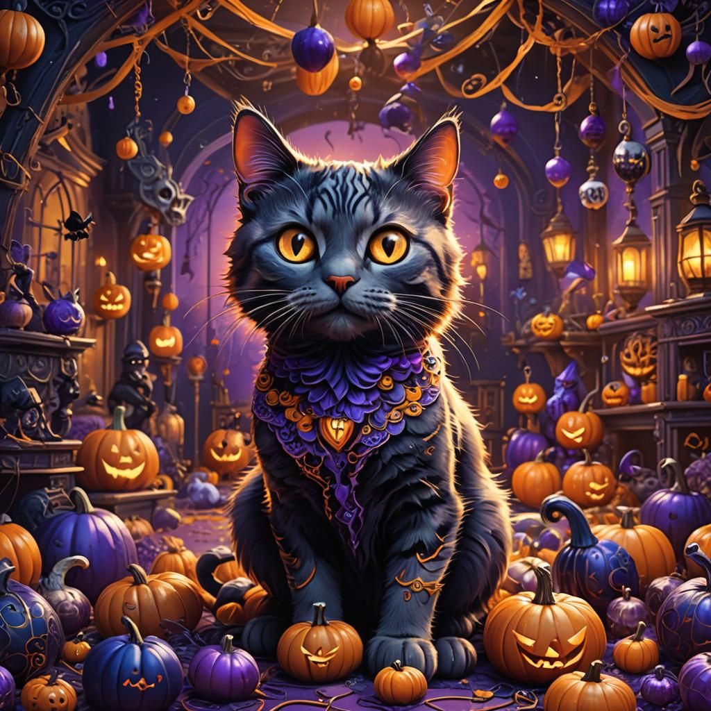 Adorable Halloween Cat in Retro Digital Art