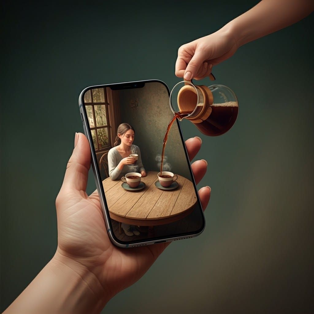 Surreal Coffee Scene Inside a Smartphone