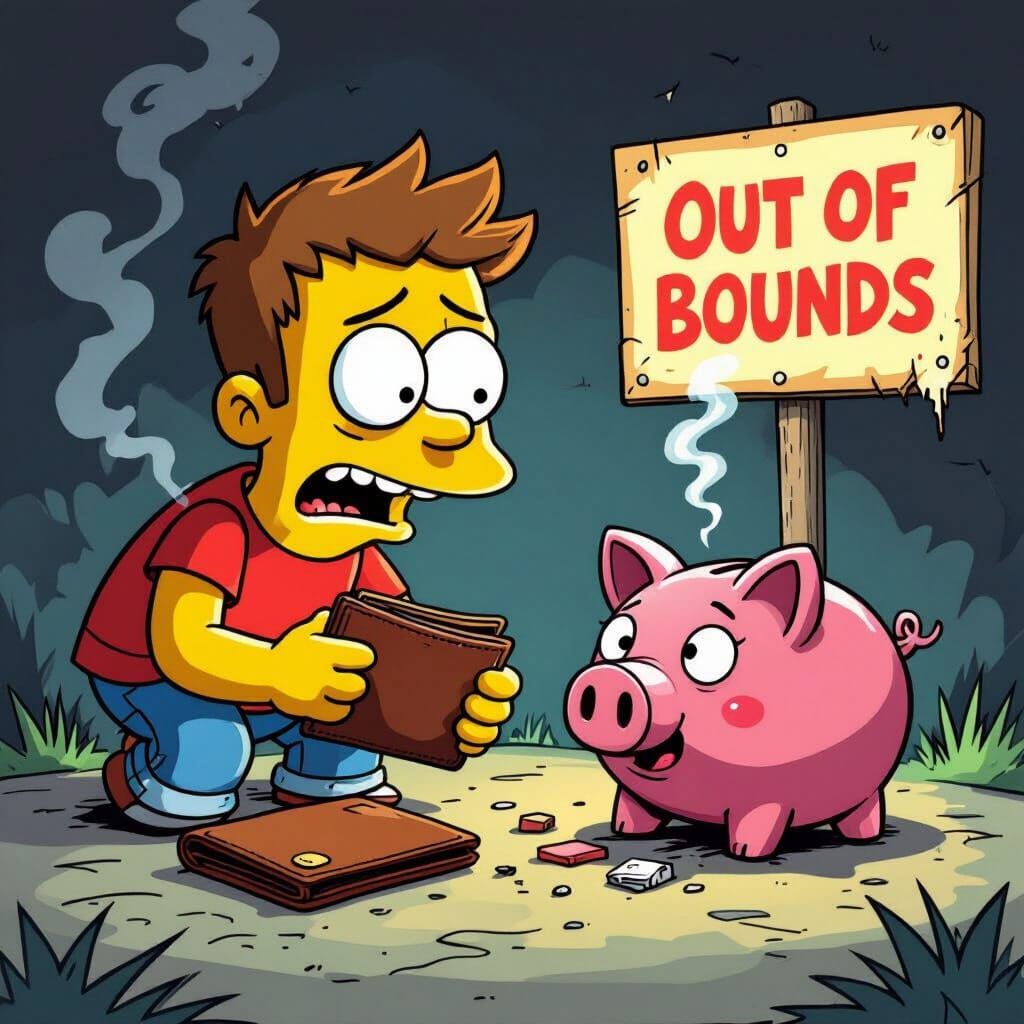 Comedic Cartoon Character Faces Financial Ruin