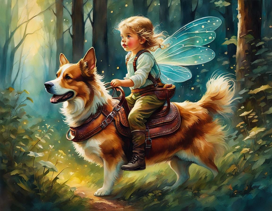 Fairy Girl Rides Corgi in Enchanted Forest