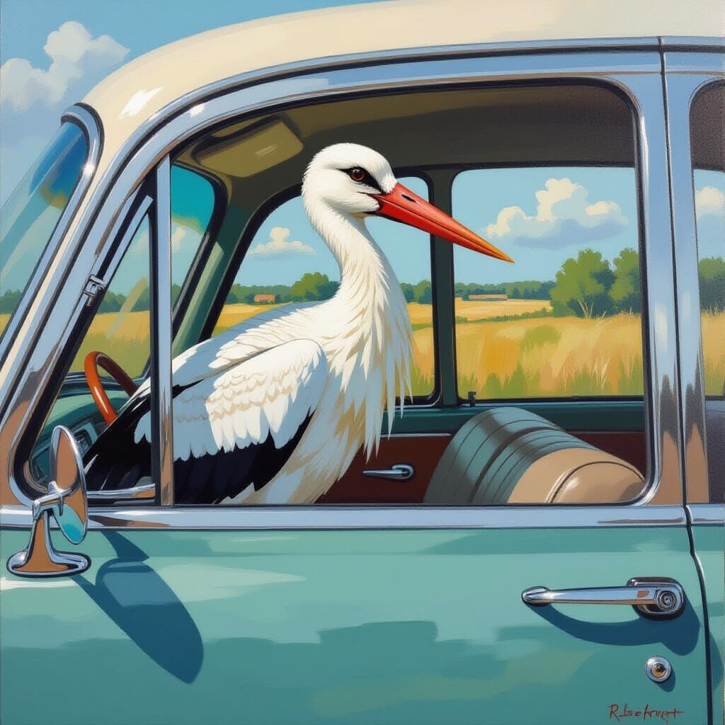 Stork Driving Car as Impressionist Oil Painting