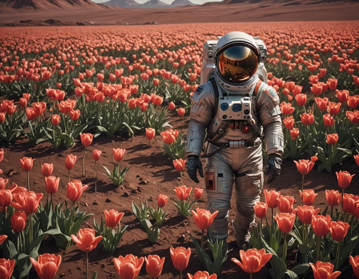 Astronaut in Tulip Field on Mars: Sci-Fi Art