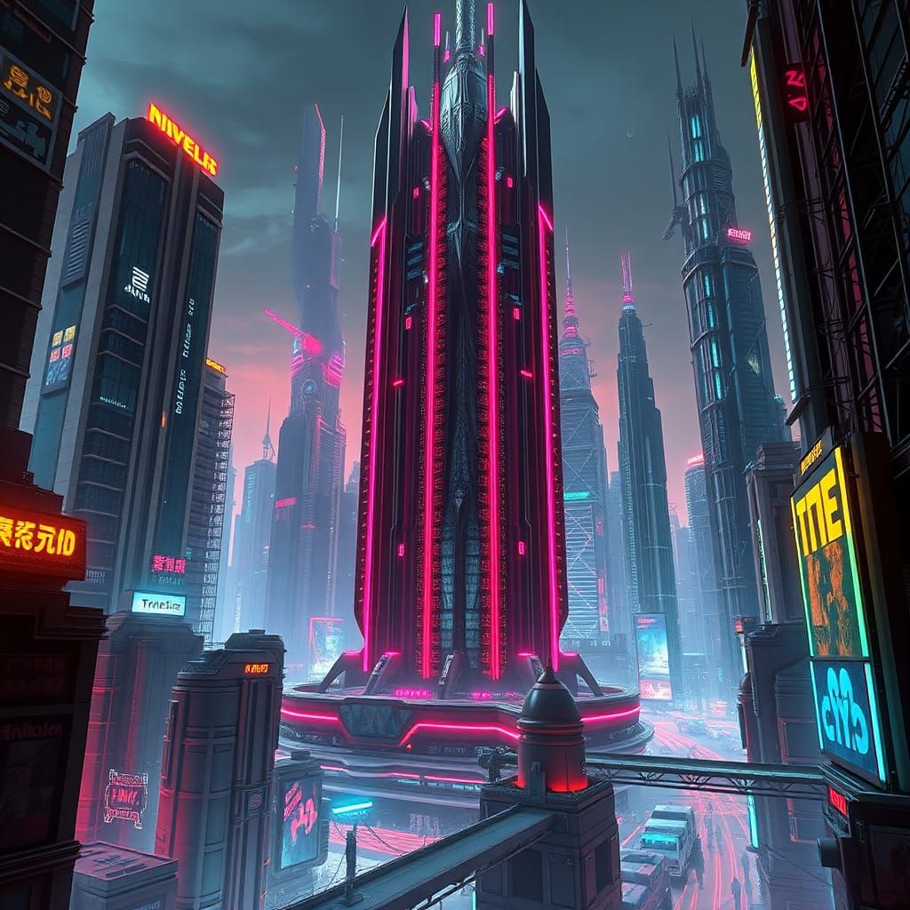 Futuristic Cityscape with Conglomerate in Cyberpunk Style
