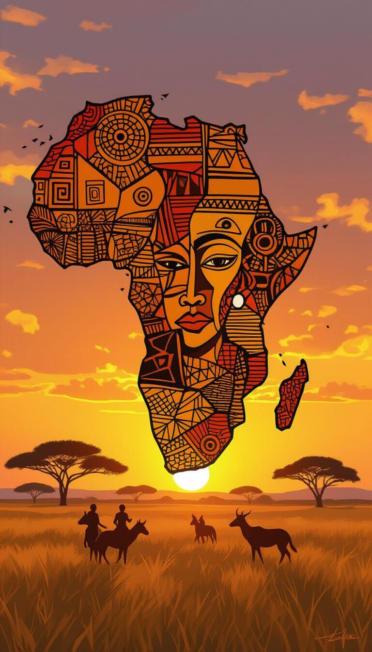African Tribal Art in Savanna Sunset