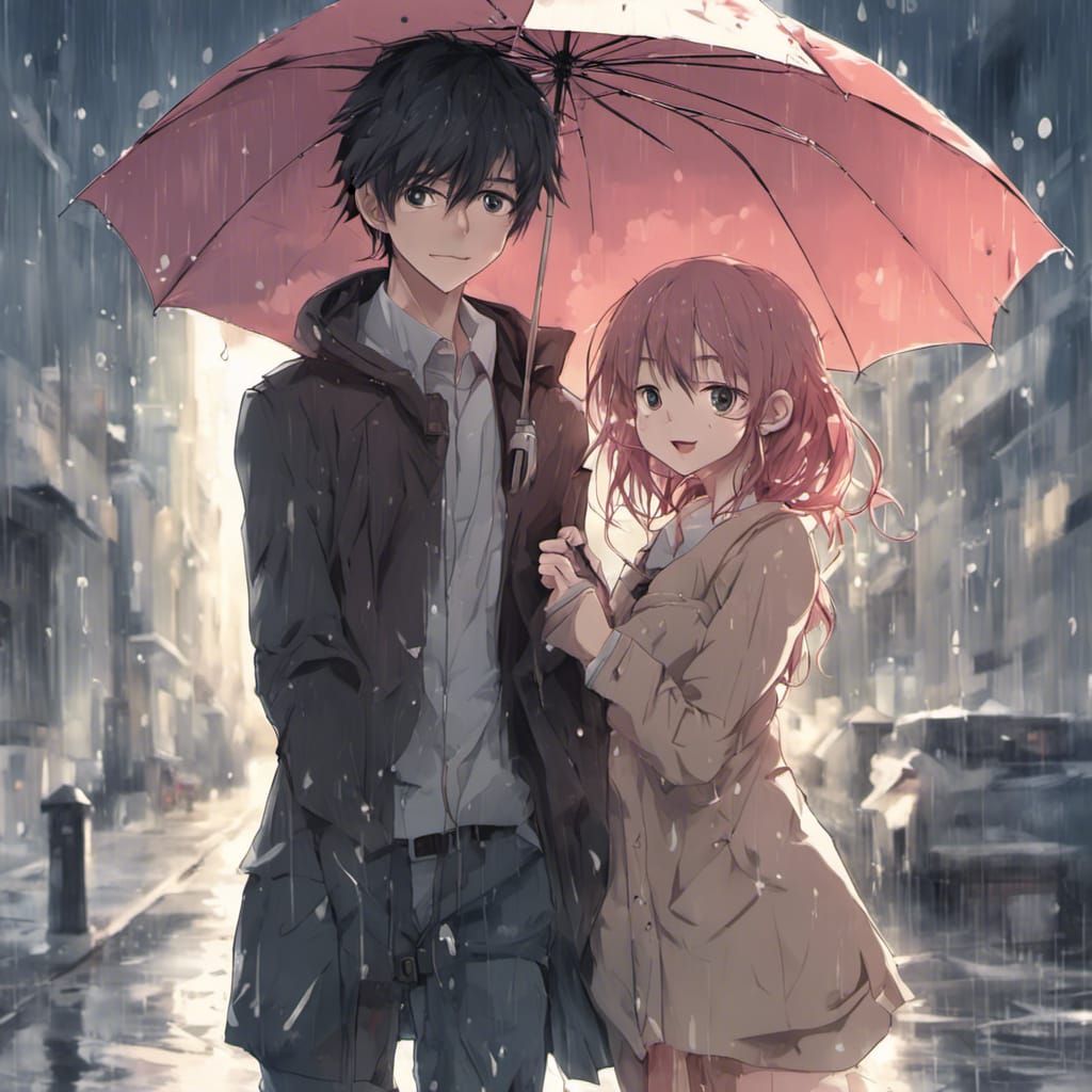 Anime Boy and Girl Walking in Rain