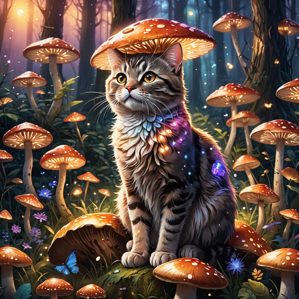 Cute Cat in Mystical Forest Illustration