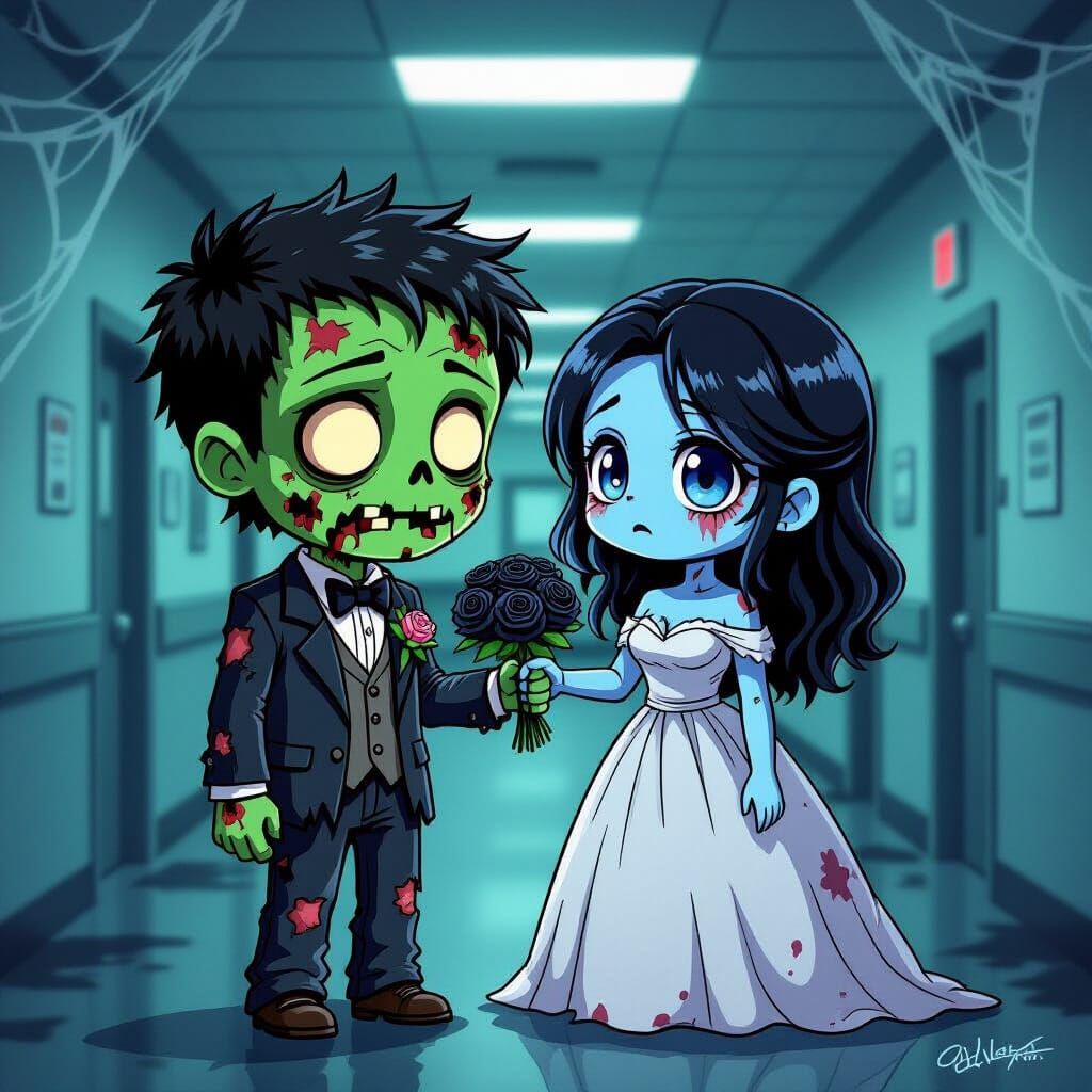 Zombie Couple's Melancholy Prom Night in Chibi Anime Style