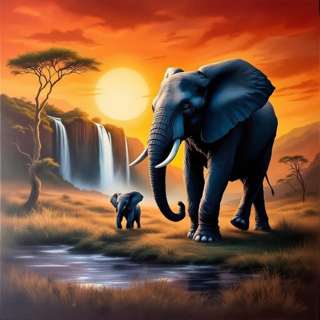 African Elephant Mural at Sunset Waterfall