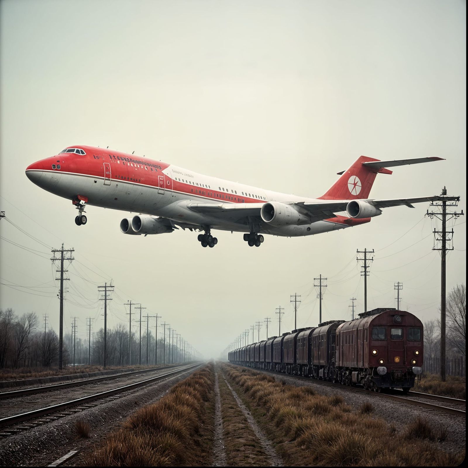 Vintage-Style Passenger Jet Descends Above Railroad Tracks